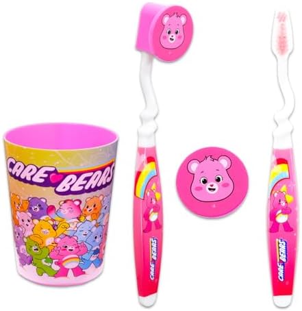 Care Bears Kids Toothbrush and Cup Kit - Official, Multicolor, Manual Toothbrush, Cup, Stickers, Cat Door Hanger, Ages 3+