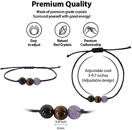 BOHO GARDEN Healing Bead Bracelets - Spiritual Crystal Beaded Bracelet - Made of 3 Real & Natural Gemstones, Adjustable 3-9.7” Black Rope - Gem Stones Jewelry for Men, Women, Teens (13+) - 8mm Bead