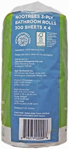 NooTrees Bamboo Toilet Tissue, Tree Free, Biodegradable, Sustainable, Renewable and FSC Certified 3-ply Toilet Paper 300 Sheets, 4 Rolls, 1-Pack