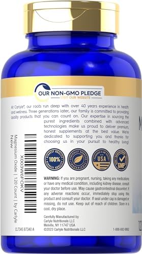 Carlyle Magnesium Oxide 500mg | 120 Capsules | Premium Quality | Non-GMO and Gluten Free Supplement
