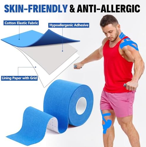 5 Rolls Kinesiology Tape, 2 inch x 16.4 Feet Waterproof Athletic Tape, Uncut Kinetic Tape, Muscle Tape, Sports Tape, Knee Tape for Exercise and Daily Use - Blue