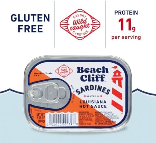 Beach Cliff Wild Caught Sardines in Louisiana Hot Sauce, 3.75 oz Can (Pack of 12) - 14g Protein per Serving - Gluten Free, Keto Friendly - Great for Pasta & Seafood Recipes