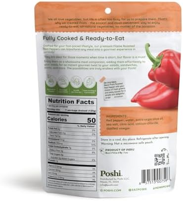 POSHI Flame Roasted Red Peppers in Extra Virgin Olive Oil Natural, Keto, Vegan, Non GMO, Low Carb + Calorie, Gluten Free, Ready to Eat, Fully Cooked Vegetables, Pentry Food, Gourmet, 6 Pack, 5.4 oz