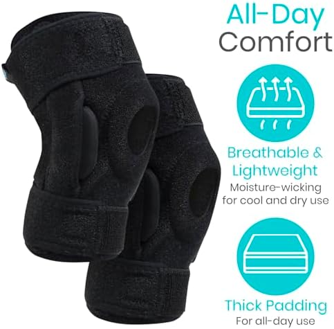 Vive Hinged Knee Brace (2 Pack) - Relieves ACL, MCL, Meniscus Tear - Lightweight, Comfortable, Breathable Open Patella Wrap with Side Stabilizers - for Women & Men - Adjustable Strap for Tendonitis (Black)