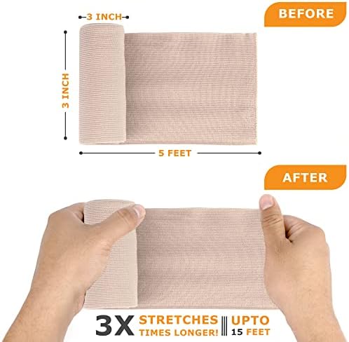 D&H Medical Elastic Bandage Wrap – 4 Pack Premium Compression Bandage Rolls + 4 Extra Clips | 2 Rolls of Each Size (4 Inch x 5 Feet & 3 Inch x 5 Feet), Elastic Bandage for Wrist, Calf, Ankle & Foot