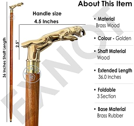 King Style Walking Canes Solid Jaguar Brass Head Fancy Cane for Women and Men Vintage Antique Walking Cane Wooden Walking Stick