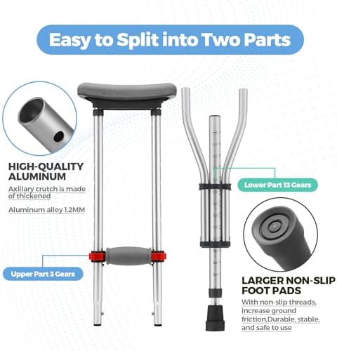 Geiserailie 1 Pair Aluminum Underarm Crutches Lightweight Crutches with Height Adjustment up to 300 Lbs Walking Aid for Adults Elder Range 4'6”– 6'6” with Underarm Pad and Hand Grip