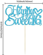 1Pc Happy Sweet 16 Cake Topper Glitter 16th Birthday Cake Pick for Cheers to 16 Years Old 16th Birthday Party Cake Decorations Supplies Light Blue
