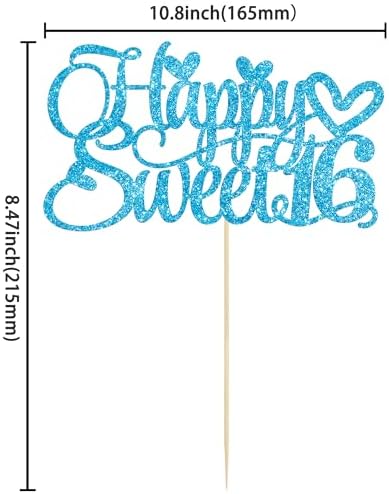 1Pc Happy Sweet 16 Cake Topper Glitter 16th Birthday Cake Pick for Cheers to 16 Years Old 16th Birthday Party Cake Decorations Supplies Light Blue