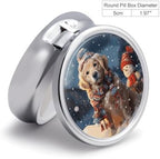 Merry Christmas Cute Dog Snowman Pill Box Portable Mini Travel Pill Organizer Holder 3 Compartment Decorative Round Pills Case Exquisite Daily Vitamin Container for Cod Liver Oil
