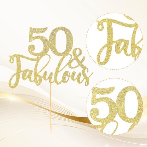 50th Birthday Cake Topper Golden Glitter 50 & Fabulous Cake Topper Fifty and Fabulous Cake Topper Cardboard Cake Decoration for 50th Birthday Cake Topper for Birthday Wedding Anniversary