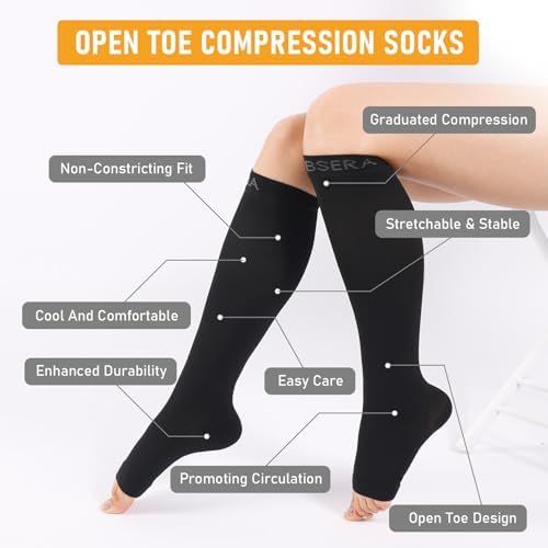 Open Toe Compression Socks for Women Men - 20-30 mmHg Toeless Knee High Compression Stockings for Circulation Support Varicose Vein Shin Splints Swelling