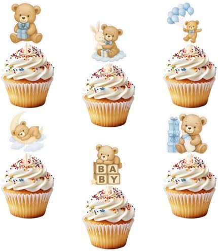 36pcs Baby Shower Bear Cupcake Toppers, 6 Designs Blue Bear Cupcake Picks Selection Jungle Animal Theme Cake Decorations for Baby Shower Gender Reveal Baptism Birthday Party Supplies