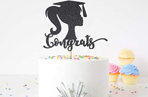Graduation Cake Topper Congrats Girl Woman Silhouette Cap, Congrats Grad Party Decorations, Black
