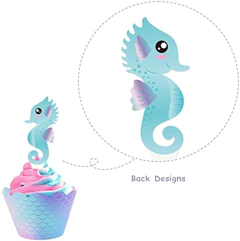 Mermaid Cupcake Toppers and Wrappers, 60 Pcs Reversible Scale Cupcake Liners Glitter Mermaid Cake Toppers for Themed Birthday Under The Sea Baby Shower Party Decoration Supplies