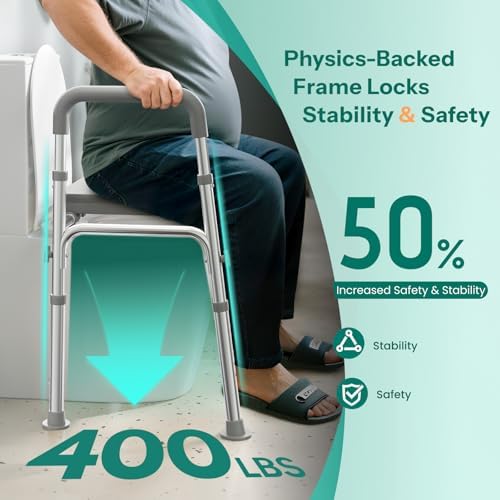 HOMEAL Seat Riser for Seniors with Bucket, Adjustable Raised Toilet Seat with Handles, Supports 450LBS, Heavy-Duty 3in1 Bedside Commode Chair for Any Toilet, Shower & Bedside (Grey, with Bucket)