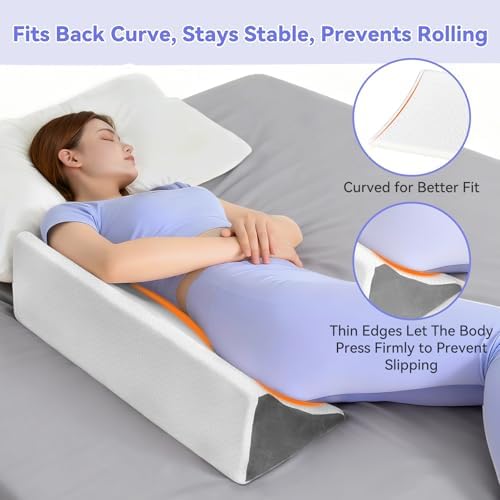 Vekkia Wedge Pillow for Side Sleeping, Ergonomic Back Support Pillow with High-Density Foam for Pregnancy Support, Back Pain, Preventing Bedsores, Surgery Recovery, Removable Cover, White/Gray