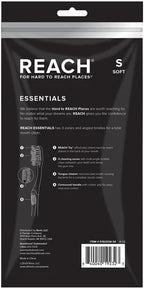Reach Essentials Toothbrush with Toothbrush Caps, Multi-Zoned Angled Soft Bristles, Contoured Handle, Tongue Scraper, 6 Count
