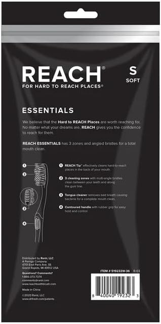 Reach Essentials Toothbrush with Toothbrush Caps, Multi-Zoned Angled Soft Bristles, Contoured Handle, Tongue Scraper, 6 Count