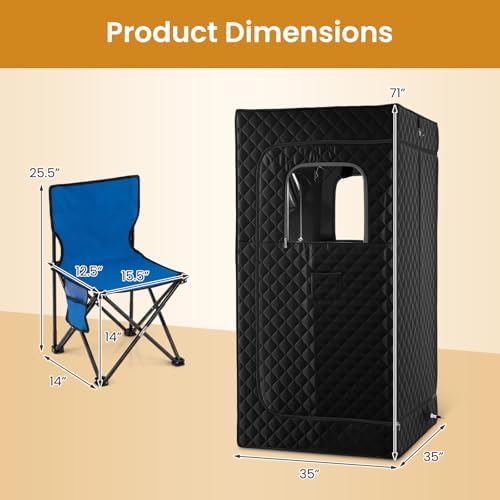 COSTWAY Portable Steam Sauna Box, Sauna Tent w/ 1200W 3L Steamer, 15-Level Temperature, Remote Control, 99-Min Timer, Foldable Chair, Personal Home Spa for Full Body Relaxation, 35” x 35” x 71”