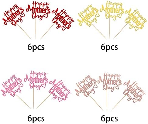 24 Pack Happy Mother's Day Cupcake Toppers with Glitter Hollow Heart Love Mother Best Mom Cupcake Food Picks Women Birthday Happy Mother's Day Theme Party Cake Decorations Supplies Colorful