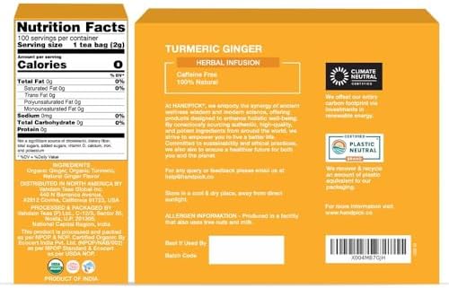 HANDPICK, Organic Turmeric Ginger Tea (100 Tea Bags) | Herbal Tea, Strong Spicy Flavor, Caffeine Free, Daily Wellness Tea, Smooth & Warming Infusion | Non-GMO, Gluten Free | Ecofriendly Tea Bags