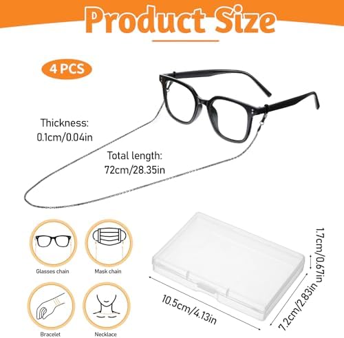 4Pcs Eyeglass Chain for Women Stylish, Stainless Steel Glasses Strap Sunglasses Strap Eyewear Retainer Chain for Men Women, Eye Glasses Holders Around Neck Stylish Colorful