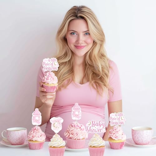 36Pcs A Little Piece of Heaven Cupcake Toppers, Pink Clouds Bodysuit Cupcake Picks Welcome Baby Cake Decorations for Girls Baby Shower Pregnancy Announcement Supplies