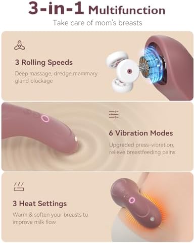 Momcozy Rolling Lactation Massager with Heat, 3-in-1 Real-Like Massage for Relieve Clogged Ducts, Breast Massager Warming for Breastfeeding, Improve Milk Flow, Dusty Rose