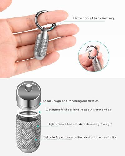 TISUR Titanium Keychain Pill Holder Small Metal Pill Case, Pill Organizer Portable Waterproof Pill Container, Travel Pill Bottle Box for Purse (Small-0.51inch)