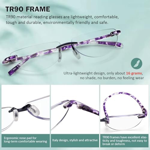 DOOViC 3 Pack Rimless Half Moon Reading Glasses TR90 Lightweight Blue Light Blocking Readers for Women and Men