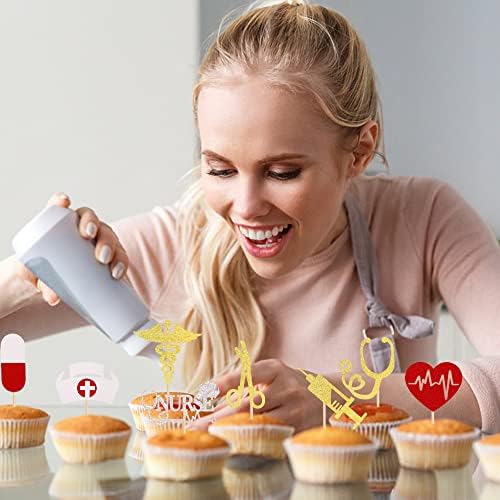 32 PCS Nurse Cupcake Toppers Glitter Nursing School Graduation Cupcake Picks Medical Rn Nurse Grad Themed Birthday Baby Shower Party Cake Decorations Supplies