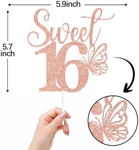 Rose Gold Glitter Sweet 16 Cake Topper, Butterfly Happy 16th Birthday/Happy Sweet 16, Funny Butterfly Themed 16th Birthday Party Decorations