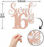 Rose Gold Glitter Sweet 16 Cake Topper, Butterfly Happy 16th Birthday/Happy Sweet 16, Funny Butterfly Themed 16th Birthday Party Decorations