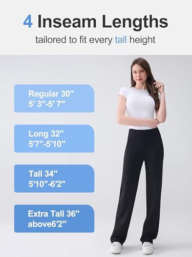 Tall Women’s Wide Straight Leg Lounge Pants, High Waisted Stretch Yoga Workout Pants with Pockets, 30" 32" 34" 36" Inseam