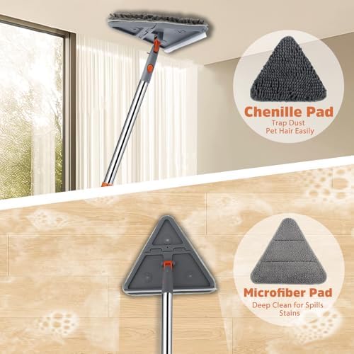 UIMO Wall Cleaner Mop with 94" Long Handle, 2-in-1 Triangle & Rectangle Head with Squeegee, 10 Washable Pads, Baseboard Cleaner Tool for Walls Scrubber, Ceilings, Windows, Glass, Fans, Doors, Corners