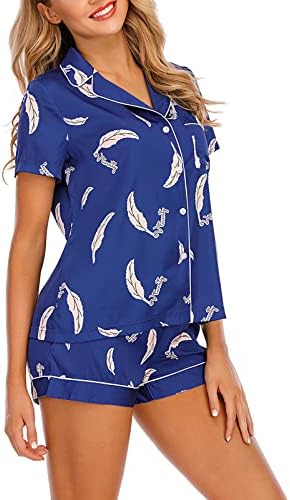Rubehoow Women's Silk Satin Pajamas Set Button Up Short Sleeve Sleep Shirt and Elastic Wasit Shorts Pjs Set