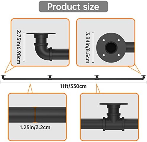 11Feet Industrial Pipe Stair Handrail，Staircase handrail for Outdoor and Indoor Stairs Loft Porch HandRail ，Bathtub Grab Bars Handrails, (Rustic/Matte Black),Easy for Installation，Modern Look