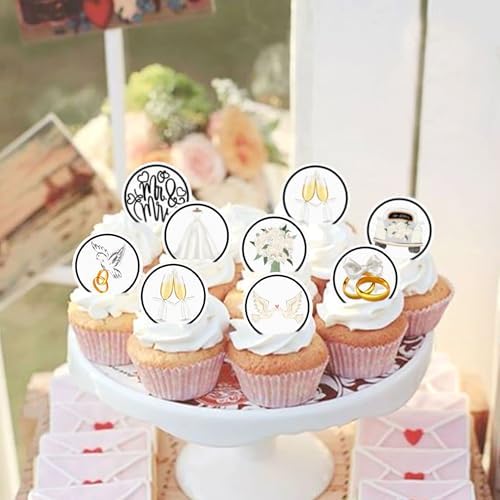40pcs Edible Mr & Mrs Cupcake Toppers Ring Bridal Bouquet Wine Glass Pigeon Bride to Be Wedding Cupcake Picks for Bridal Shower Engagement Newly Married Happy Wedding Party Decorations