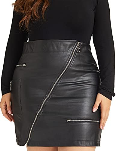 PYL Women’s Plus Size Zipper PU Faux Leather Skirt Short High Waist Mini Bodycon