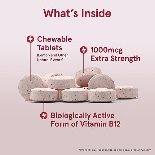 Jarrow Formulas Methyl Vitamin B-12 1000 mcg, 100 Chewable Tablets, Lemon Flavored- Bioactive B12 Vitamin - Supports Cellular Energy Production, Brain Health & Metabolism - 100 Servings