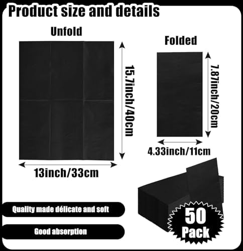 SietDESEO 50 Pieces 3-ply Black Napkins Disposable 13 x 15.7 Inches Guest Bathroom Napkins Disposable Hand Towels for Bathroom Wedding Birthday Party Paper Dinner Napkin