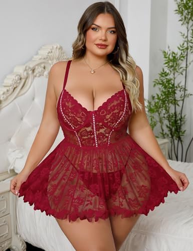 Plus Size Lingerie for Women Open Back Sexy Lingerie Dress Floral Lace Babydoll Chemise Lace Nightgown