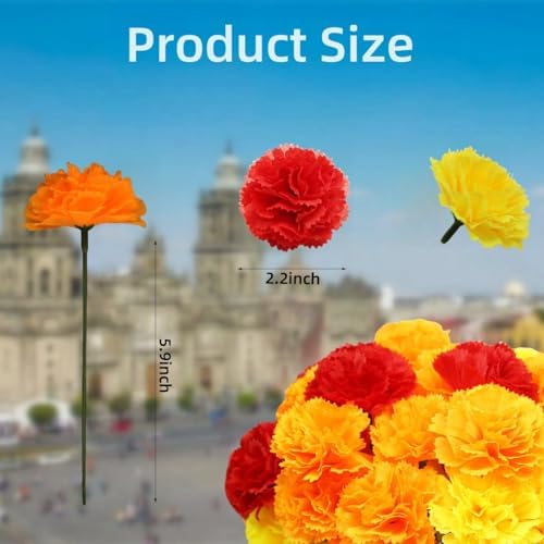 Marigold Artificial Flowers, 60Pcs Marigolds Faux Flower, Fake Marigolds Silk Flowers for Day of The Dead, Diwali, Dia De Los Muertos Decoration, Ofrenda Decor (Orange, Yellow, Red, 60Pcs)
