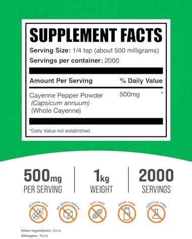 BulkSupplements.com Cayenne Pepper 40000 HU Powder - Capsaicin Supplements, Cayenne Pepper Powder - Vegan & Gluten Free, 500mg per Serving, 1kg (2.2 lbs) (Pack of 1)