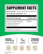 BulkSupplements.com Cayenne Pepper 40000 HU Powder - Capsaicin Supplements, Cayenne Pepper Powder - Vegan & Gluten Free, 500mg per Serving, 1kg (2.2 lbs) (Pack of 1)