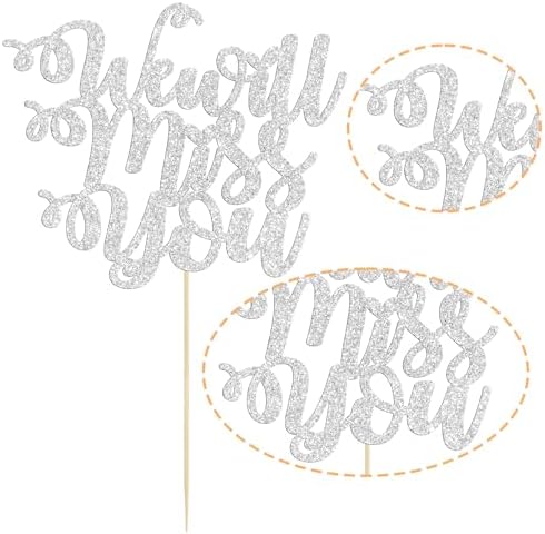 1 Pack We Will Miss You Cake Topper Glitter Red Love Heart Good Luck Cake Pick Retirement Theme Going Away Party Cake Decorations Silver