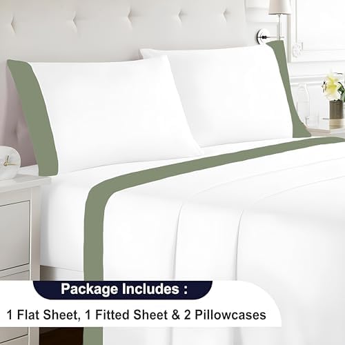 SGI bedding Hudson Hotel Collection 4 Piece Egyptian Cotton Sheets RV King Size - 600 Thread Count, 15" Deep Pocket, Soft and Premium Cotton, Elegant 4" Moss Hem on White Sheet -White/Moss