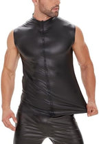 Men Sexy Leather Tank Top, Soft Matte, Plus Size, Male Shiny Vest, Black