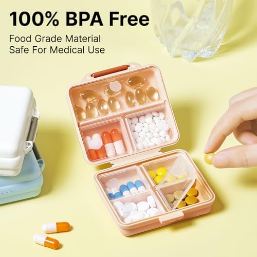 1 Pack Travel Pill Organizer,Portable Daily Pill Box,7 Grid Compartments Weekly Pill Case with Lables,Mini Medicine Organizer Box,Compact Pocket Pharmacy for Purse Vitamin Fish Oil Container (Pink)